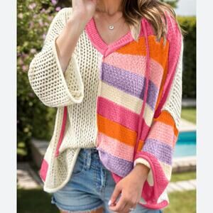Charming Charlie Sweater Oversized Colorblock V Neck Hooded size small